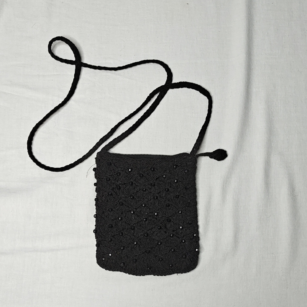 Black Beaded Knit Crossbody Bag